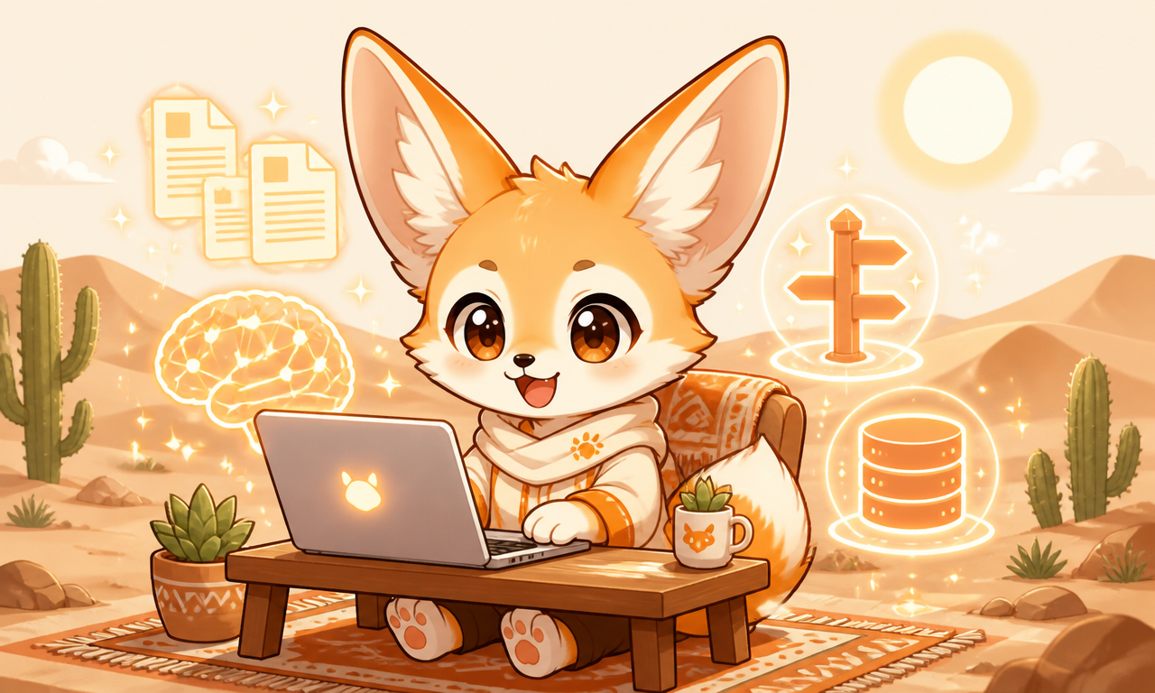 Anime-style cartoon of the Zerda fennec fox mascot building LLM apps — surrounded by floating icons for documents, memory, routing and storage